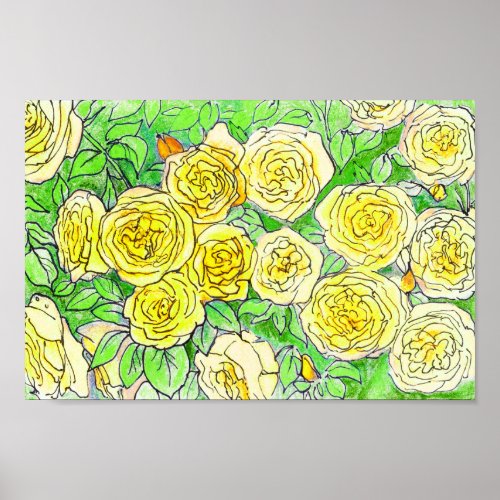 Yellow Roses Green Leaves Rose Garden Floral Art  Poster