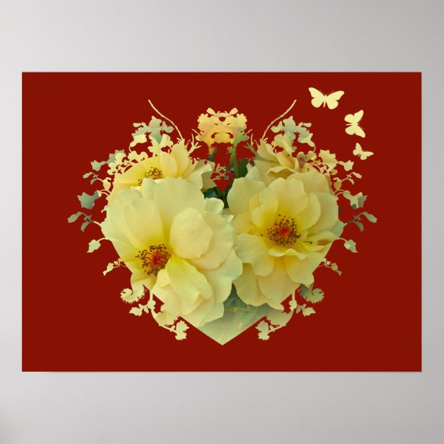 Yellow Roses Heart on Red Poster (Front)