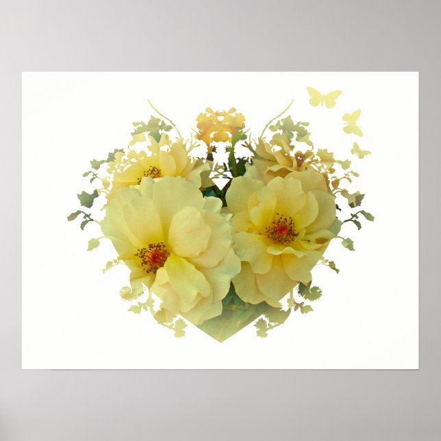 Yellow Roses Heart on White Poster (Front)