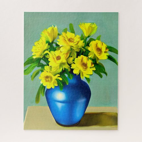 Yellow Roses in a Blue Vase Boho Art Jigsaw Puzzle