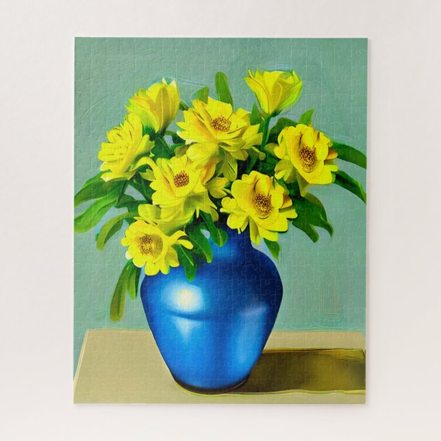Yellow Roses in a Blue Vase Boho Art Jigsaw Puzzle (Vertical)