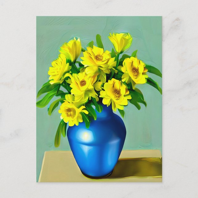 Yellow Roses in a Blue Vase Boho Art Postcard (Front)