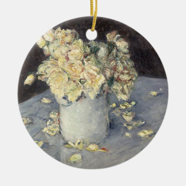 Yellow Roses in a Vase by Caillebott Impressionist Ceramic Ornament (Front)