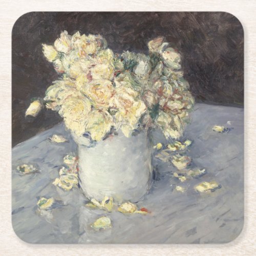 Yellow Roses in a Vase by Caillebott Impressionist Square Paper Coaster