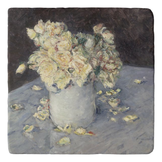 Yellow Roses in a Vase by Caillebott Impressionist Trivet (Front)
