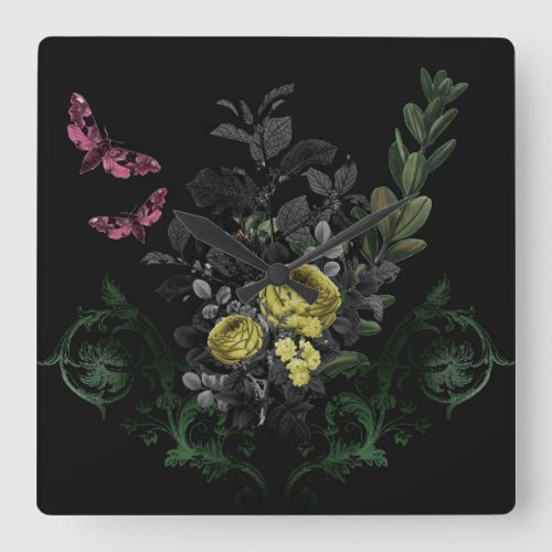 Yellow Roses in Black Square Wall Clock