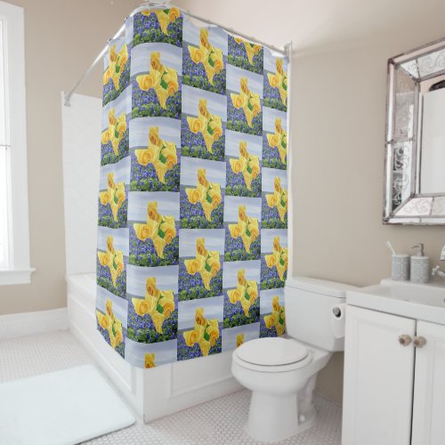 Yellow Roses In Shape Of Texas On Bluebonnets Shower Curtain