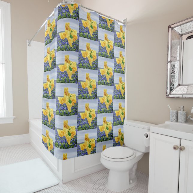 Yellow Roses In Shape Of Texas On Bluebonnets Shower Curtain (In Situ)