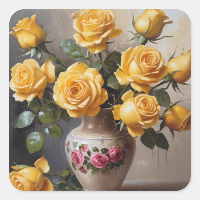 Yellow roses in vase square sticker (Front)