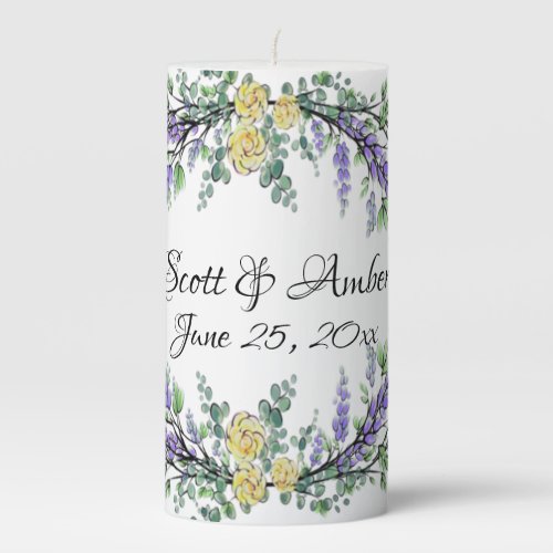 Yellow roses Lavender and Eucalyptus  Pillar Candle