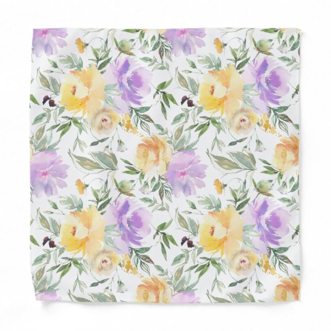 Yellow Roses Lavender Purple Floral Pocket Square Bandana (Front)