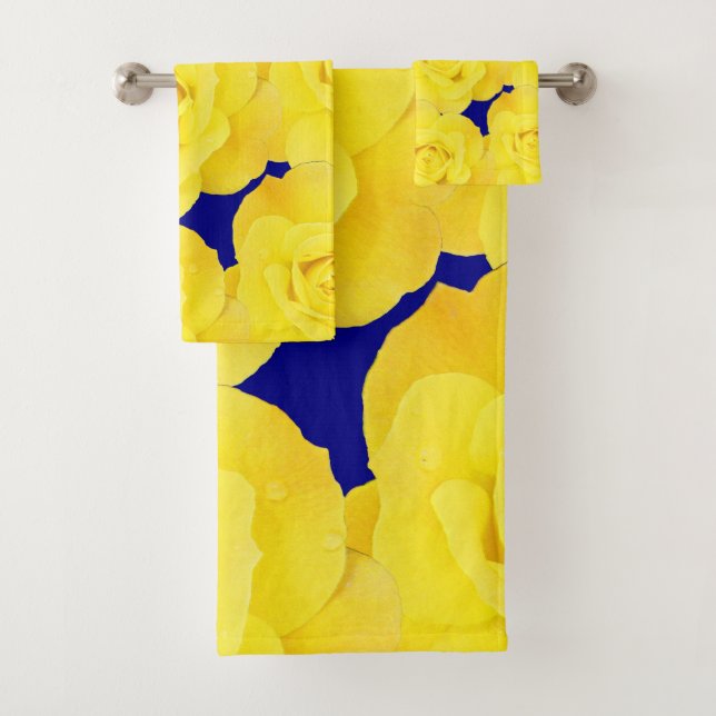 Yellow Roses Navy Blue Gold Floral Flowers Pattern Bath Towel Set (Insitu)