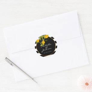 Yellow Roses on Black and White Stripes Classic Round Sticker