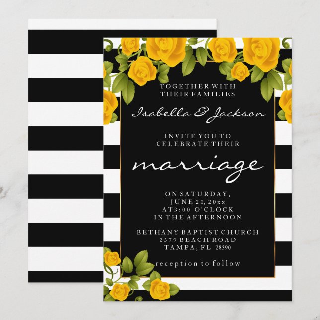 Yellow Roses on Black and White Stripes Invitation (Front/Back)