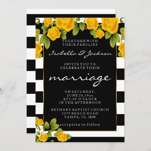 Yellow Roses on Black and White Stripes Invitation