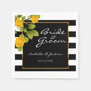 Yellow Roses on Black and White Stripes Napkins