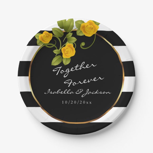 Yellow Roses on Black and White Stripes Paper Plates (Front)