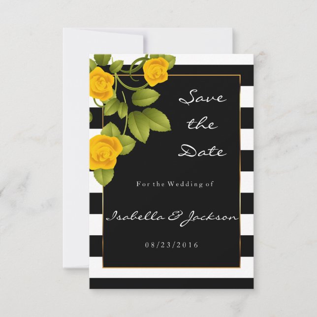 Yellow Roses on Black and White Stripes Save The Date (Front)
