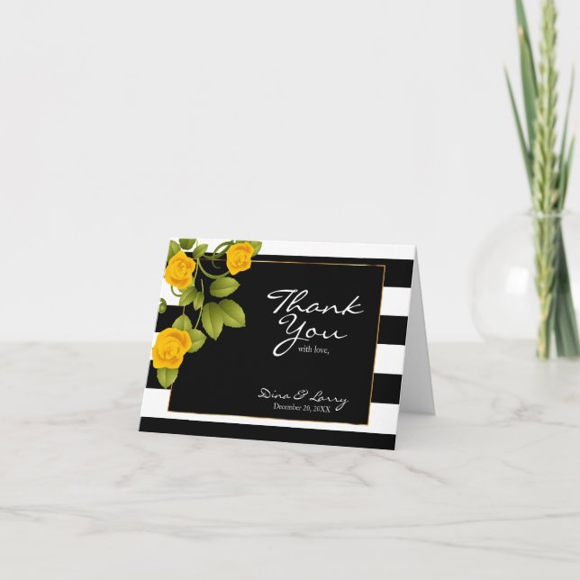 Yellow Roses on Black and White Stripes Thank You Card (Front)