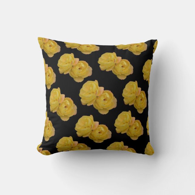 Yellow Roses On Black Throw Cushion. Pillow (Front)