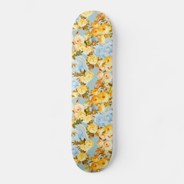 Yellow roses on blue and teal skateboard (Front)
