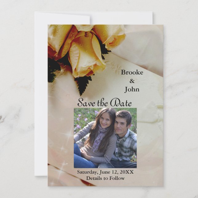 Yellow Roses on Elegant Ivory Photo Save The Date (Front)