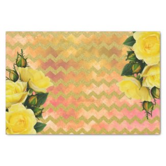 Yellow Roses On Faux Gold Glitter Chevron Pattern Tissue Paper