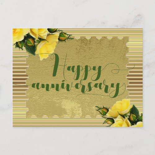 Yellow Roses On Gold Background Happy Anniversary Postcard