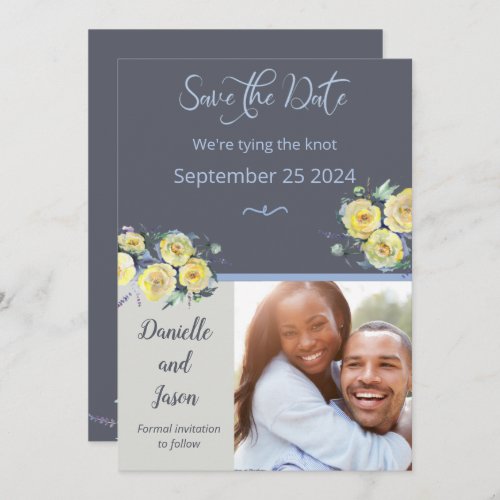 Yellow Roses on Navy Photo Save the Date Announcement