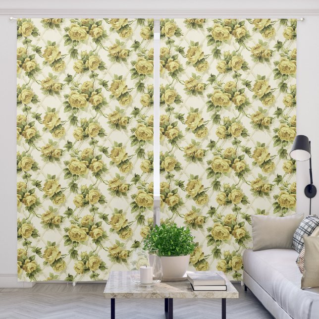Yellow Roses on Trellis Floral Pattern Blackout Curtains (Living Room)