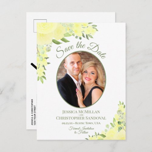Yellow Roses Oval Photo Boho Wedding Save the Date Announcement Postcard