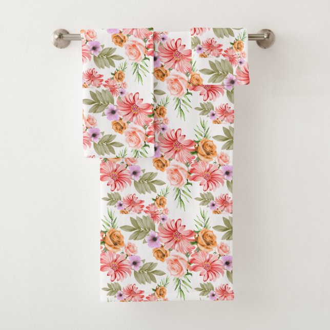 Yellow Roses Pink Flowers Floral Greenery Elegant  Bath Towel Set (Insitu)