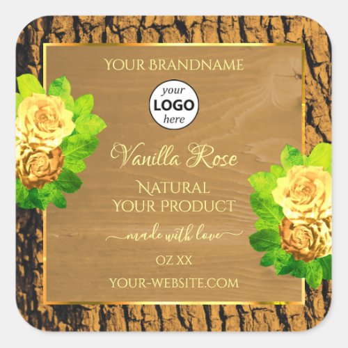 Yellow Roses Product Label Wood Tree Bark and Logo
