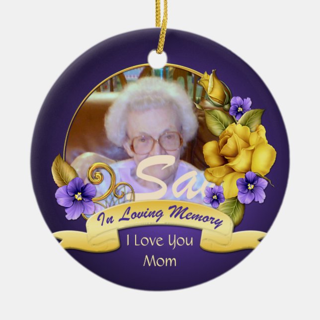 Yellow Roses Purple Pansies In Loving Memory Ceramic Ornament (Front)