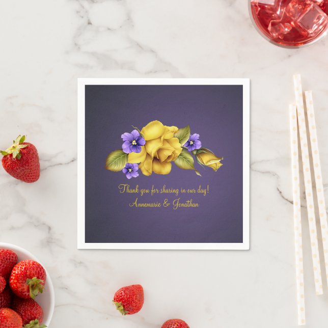 Yellow Roses Purple Violets 50th Anniversary Party Napkins (Insitu)