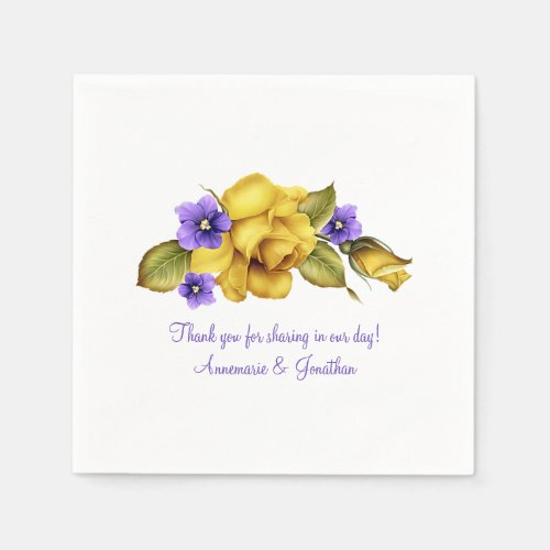 Yellow Roses Purple Violets 50th Anniversary Party Napkins