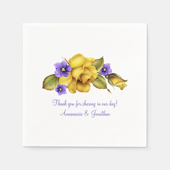 Yellow Roses Purple Violets 50th Anniversary Party Napkins (Front)