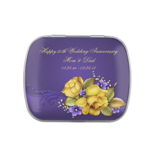 Yellow Roses Purple Violets 50th Wedding Anniversa Jelly Belly Candy Tin (Top)