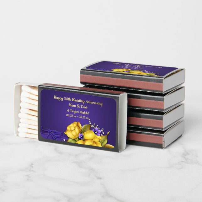 Yellow Roses Purple Violets Anniversary Favors Matchboxes (Stacked)