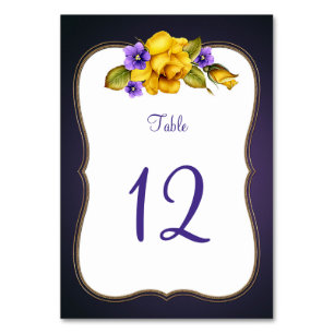 Yellow Roses Purple Violets Gold Frame Table Numbe Table Number