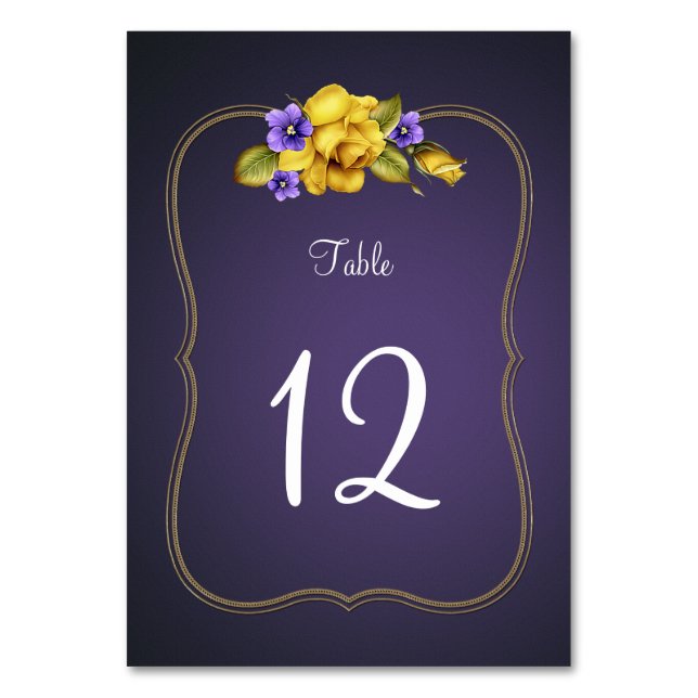 Yellow Roses Purple Violets Gold Frame Table Number (Front)