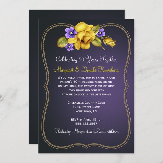Yellow Roses Purple Violets Gold Ornate Frame Invitation (Front/Back)