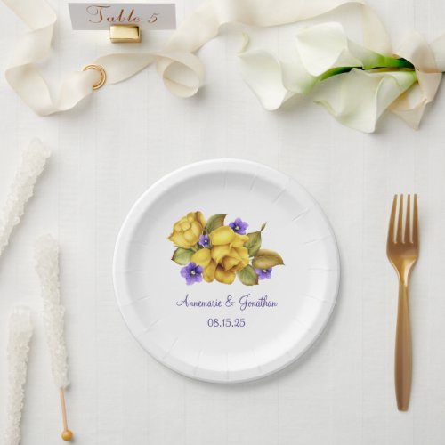 Yellow Roses Purple Violets Monogram Dessert Plate