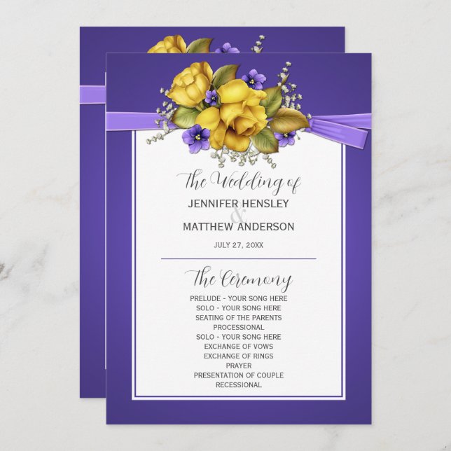 Yellow Roses Purple Violets Wedding Program (Front/Back)