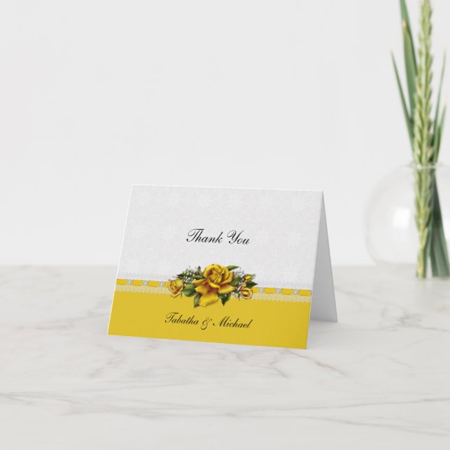 Yellow Roses Ribbons Lace Wedding Thank You Card (Front)