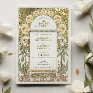 Yellow Roses Vintage Wedding Art Nouveau Foil Invitation