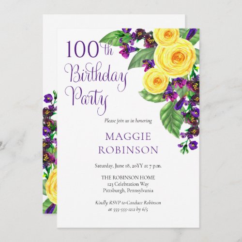 Yellow Roses Violet 100th Birthday Party  Invitation