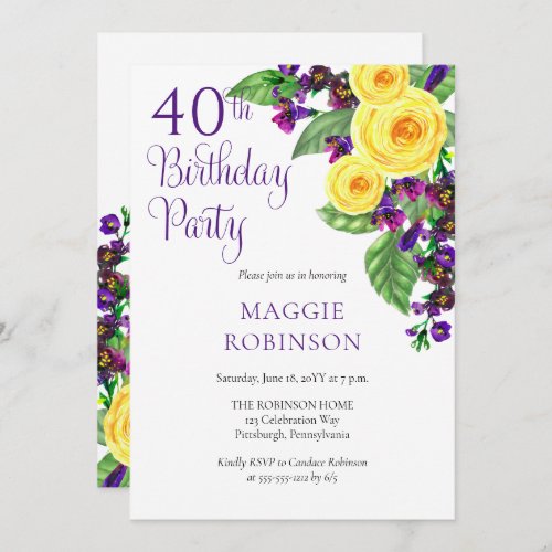 Yellow Roses Violet 40th Wedding Birthday Party Invitation