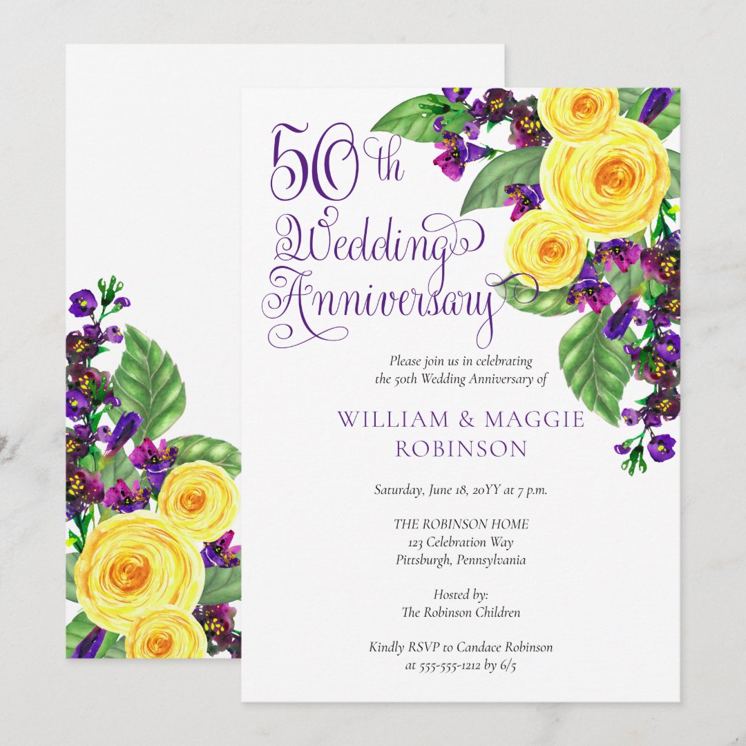 Yellow Roses Violet 50th Wedding Anniversary Party Invitation Zazzle