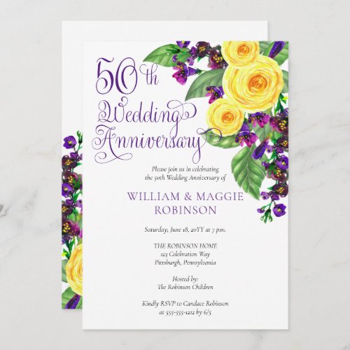 Yellow Roses Violet 50th Wedding Anniversary Party Invitation
